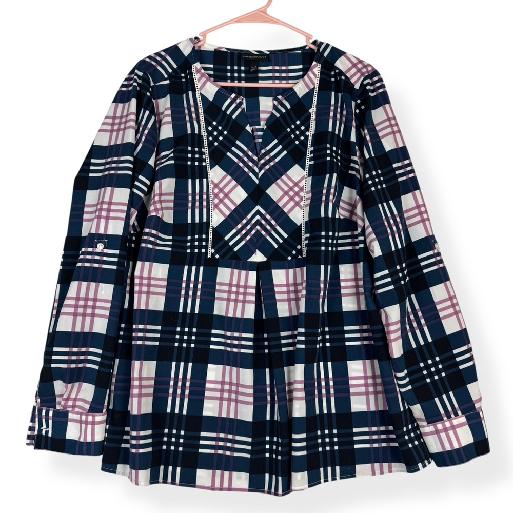 Lane Bryant Top Womens 14/16 Blue Pink Plaid Flowy Preppy Long Sleeves